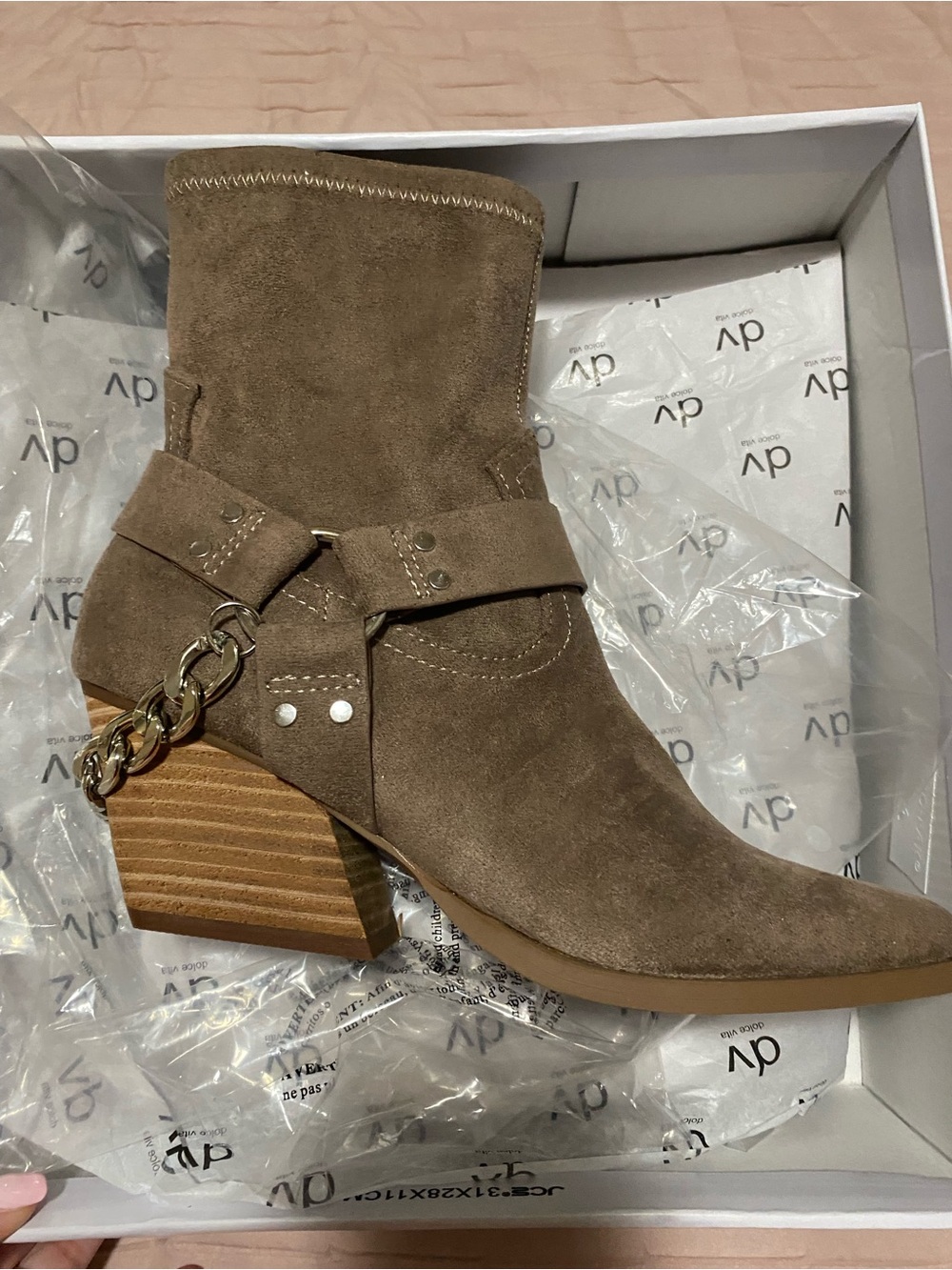 DV by Dolce Vita Taupe Suede Harness Ankle Boot with Gold Chain
